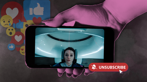 Pink hand holding an iPhone with a screen grab from Netflix apple cider vinegar cider series, mixed emoji reactions, and a red unsubscribe button; on a dark charcoal grey background