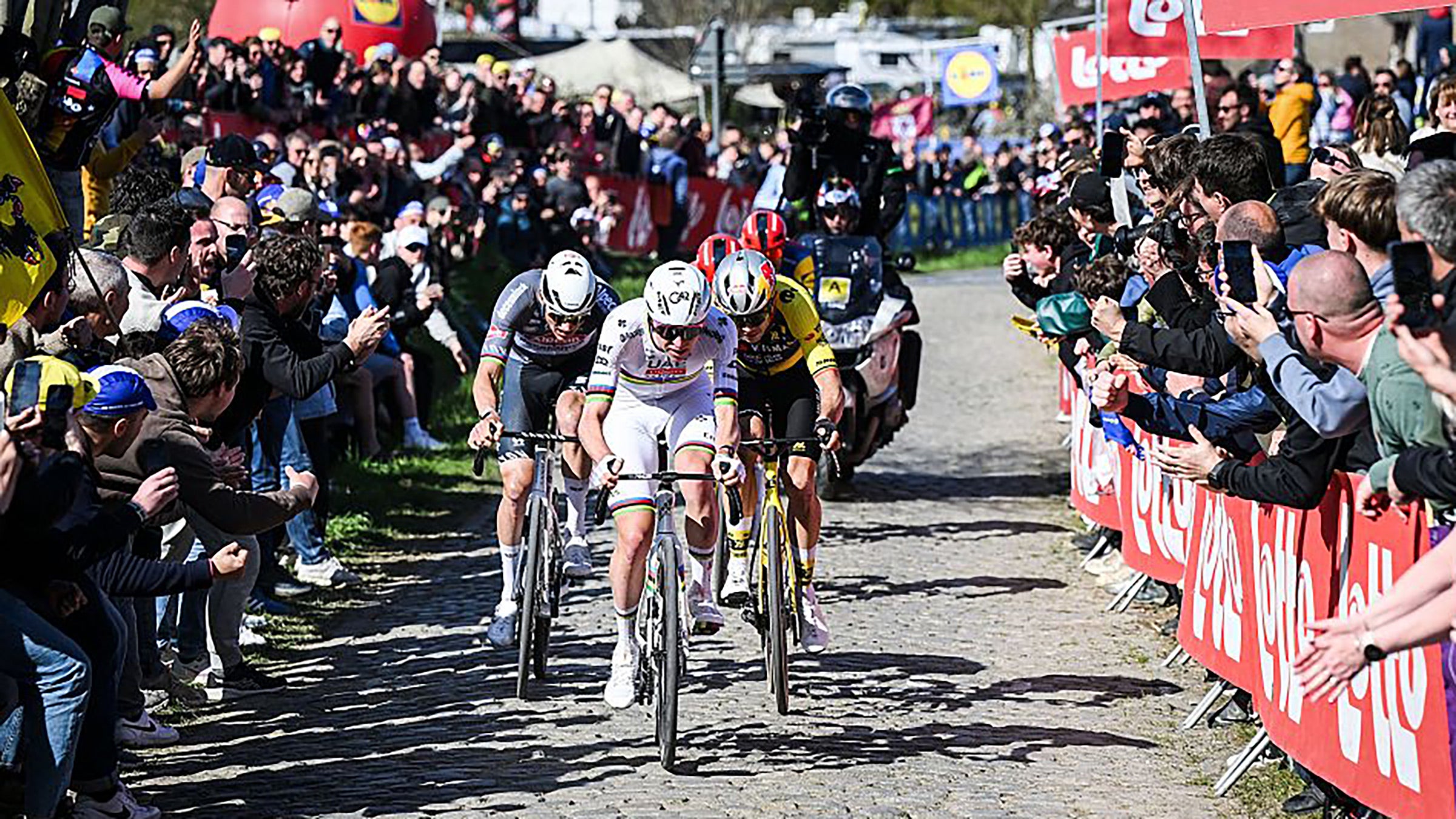 Tadej Pogacar races up the Koppenberg at the Tour of Flanders