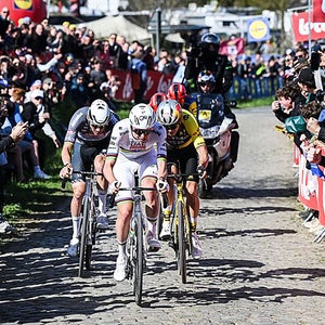 Tadej Pogacar races up the Koppenberg at the Tour of Flanders