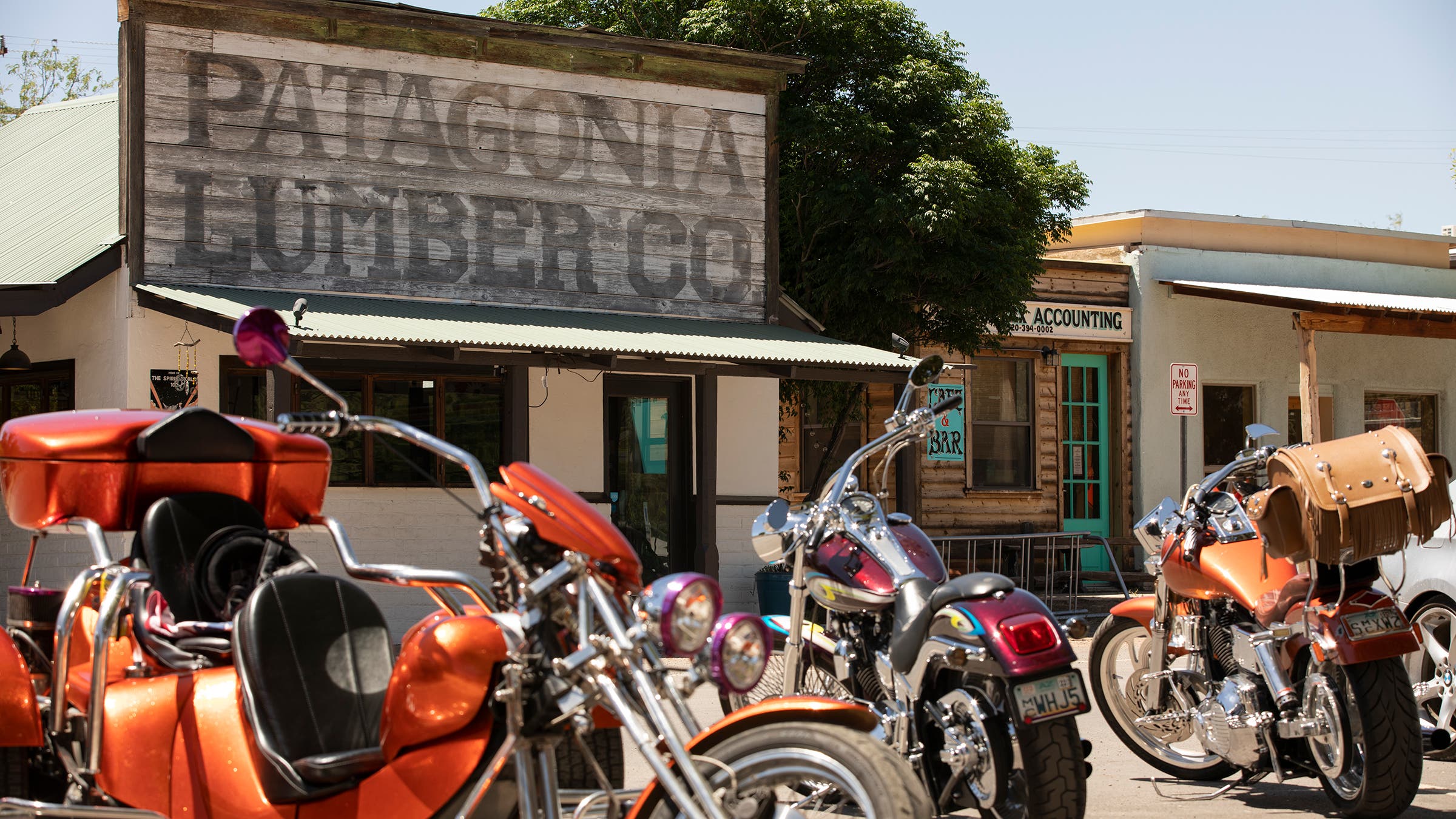 Motorcycles frame the historic downtown core of Patagonia, Arizona