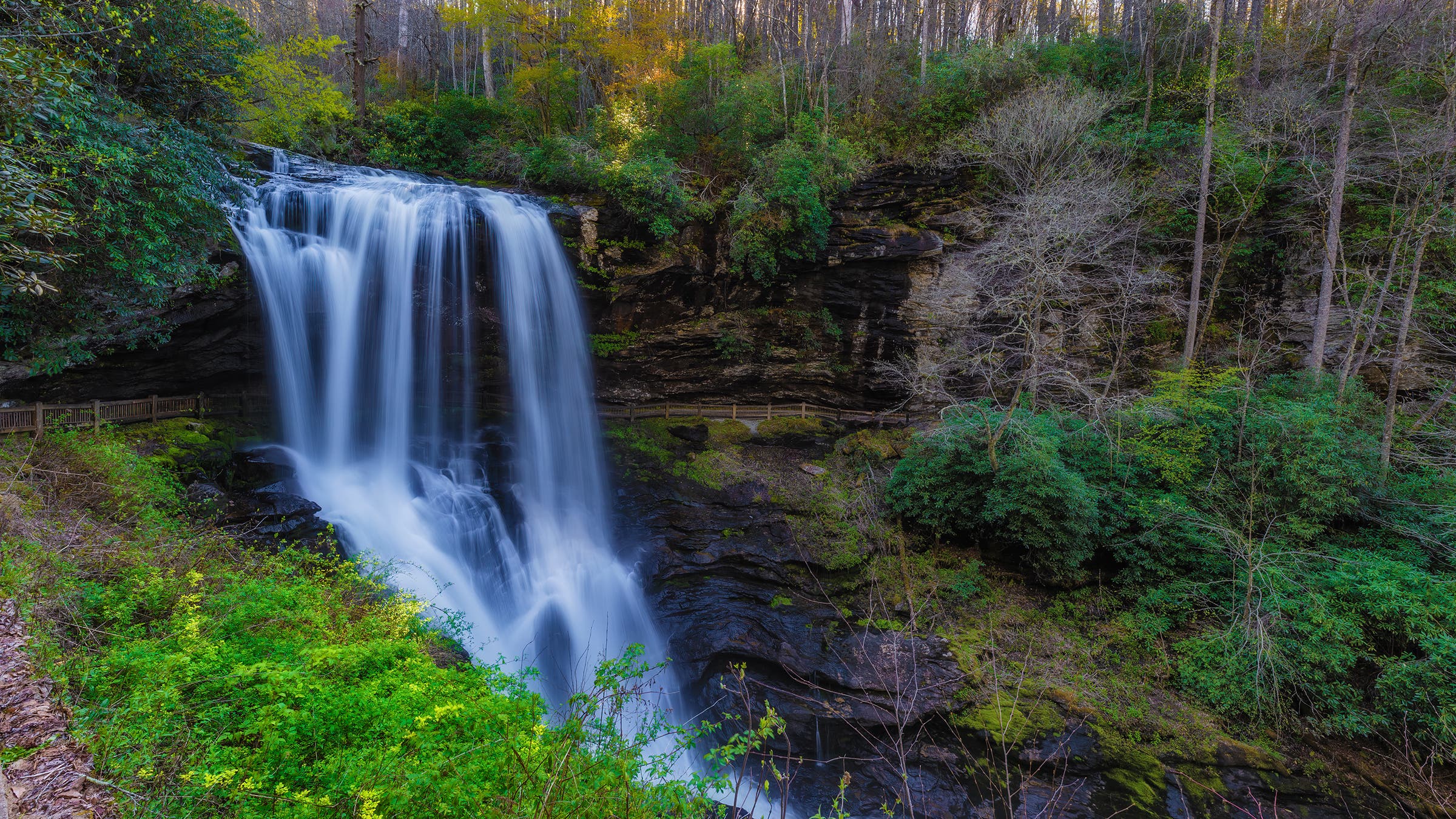 Springtime at Dry Falls on the Cullasaja River on scenic drive between Franklin and Highlands, North Carolina.