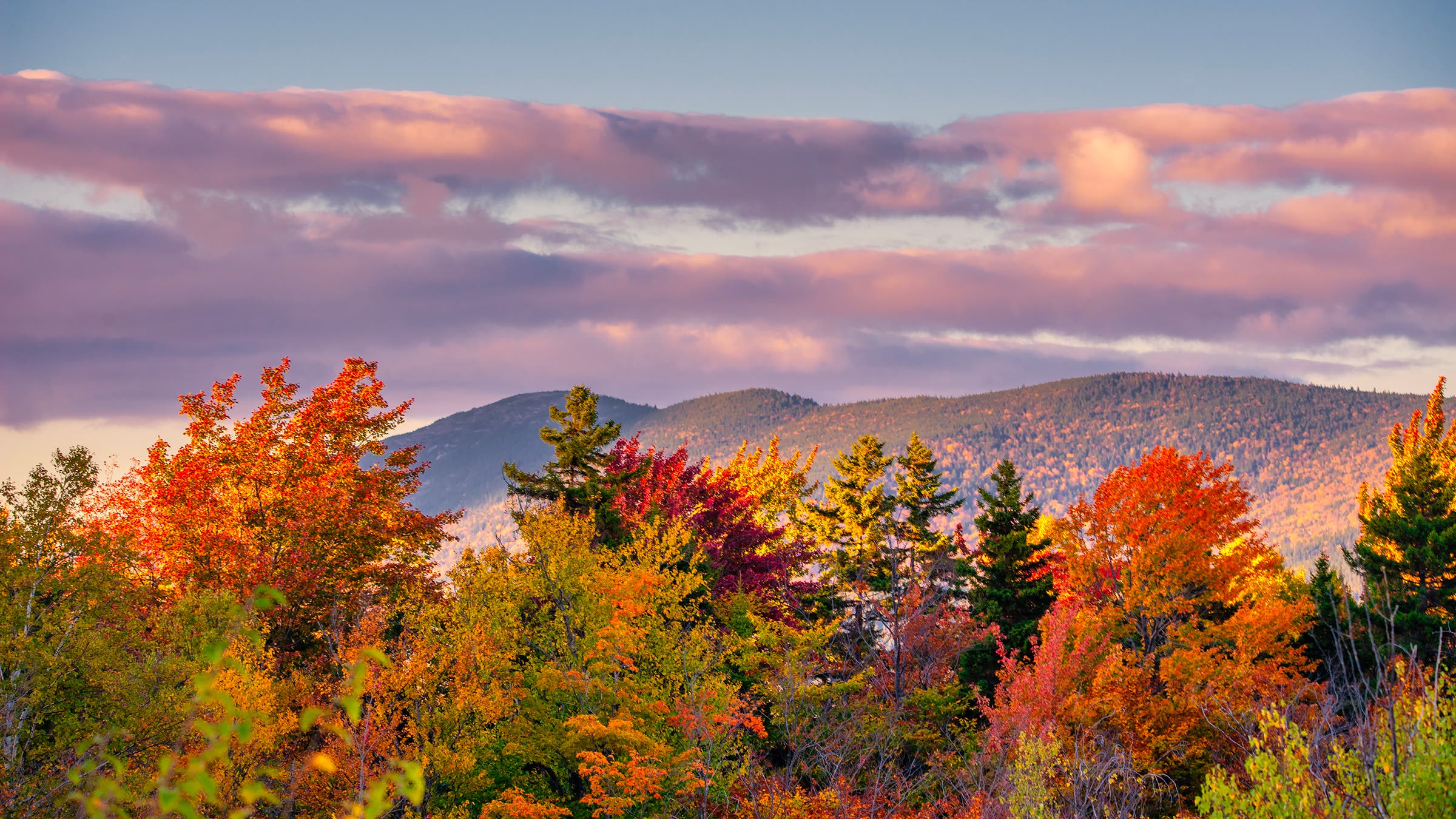 Autumn leaves decorate the valley below the Sunday River Ski Resort in Bethel, Maine