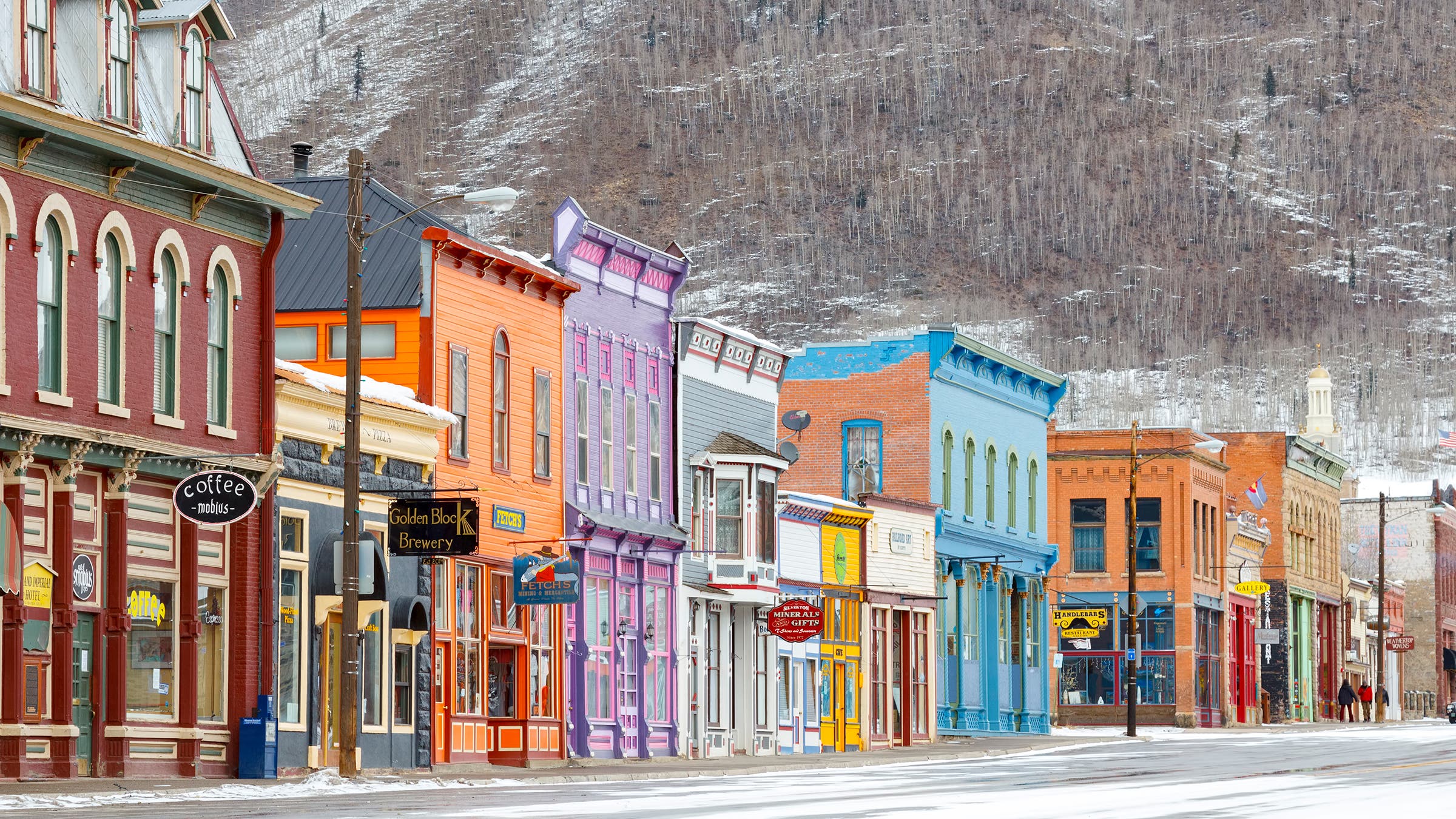 Snow in Downtown Silverton, Colorado on of the best small adventure towns