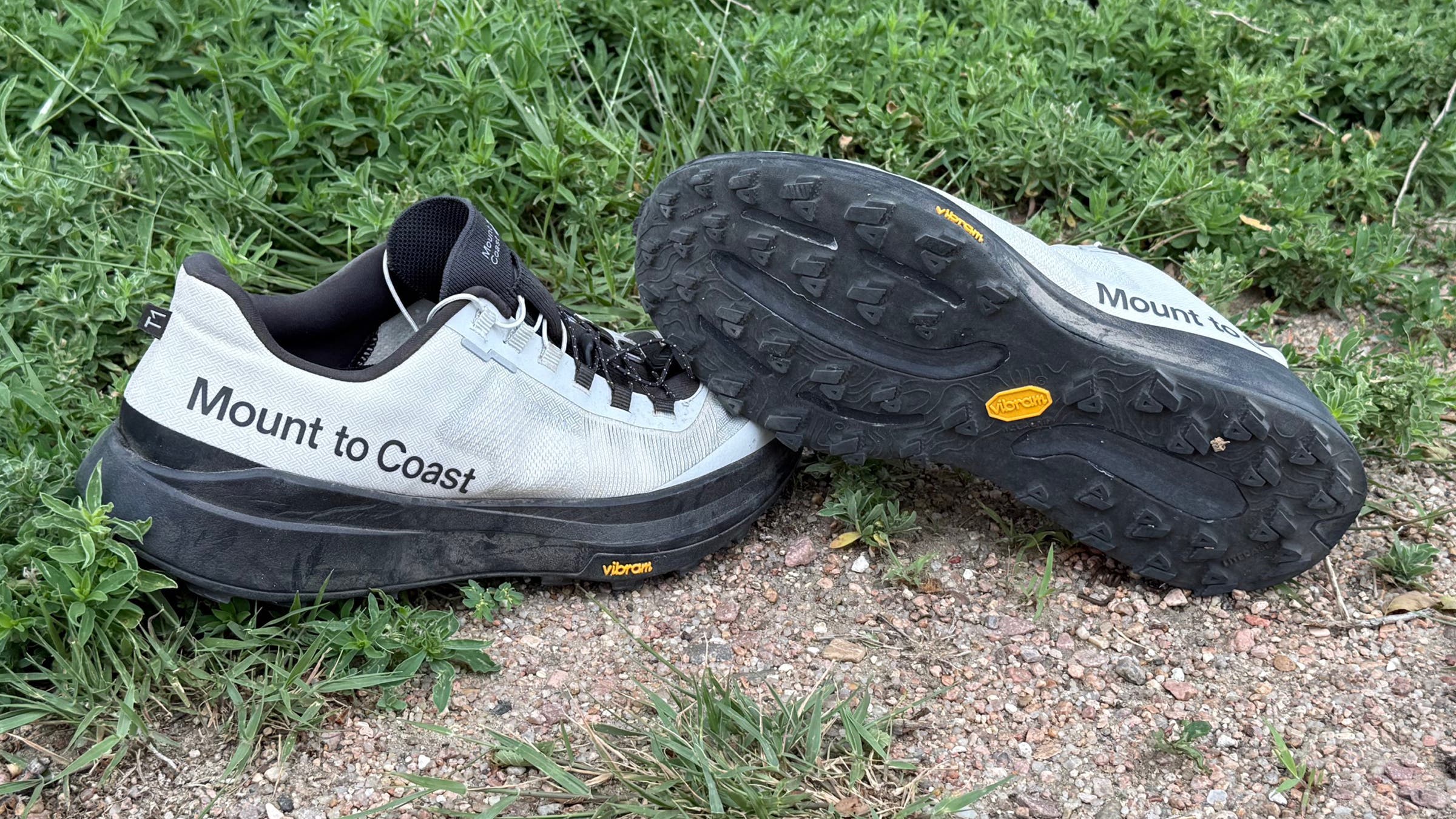 White and grey Mount to Coast T1 trail running shoe tested on trail