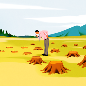 An illustration of a man with a magnifying glass looking at tree stumps
