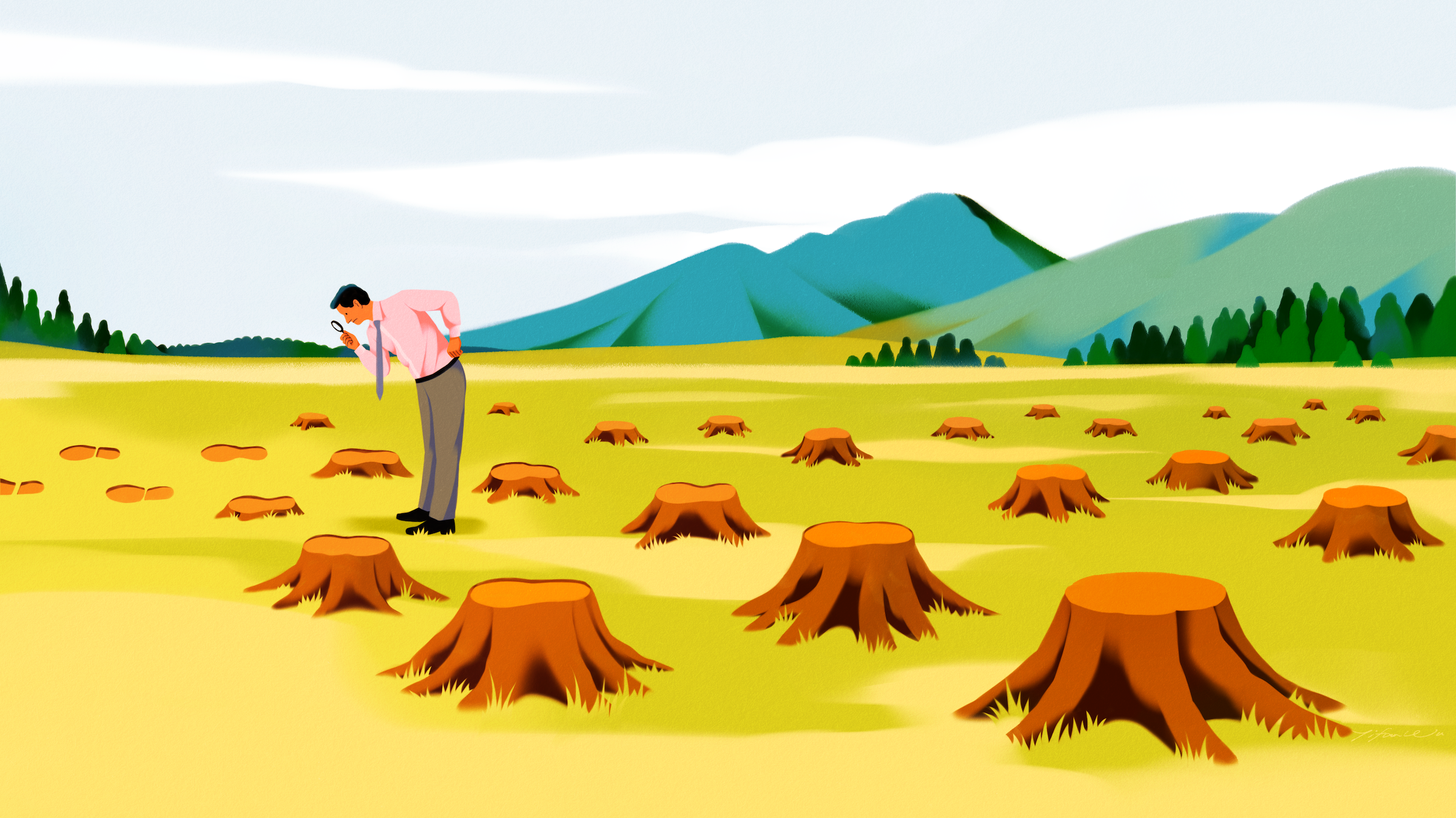 An illustration of a man with a magnifying glass looking at tree stumps