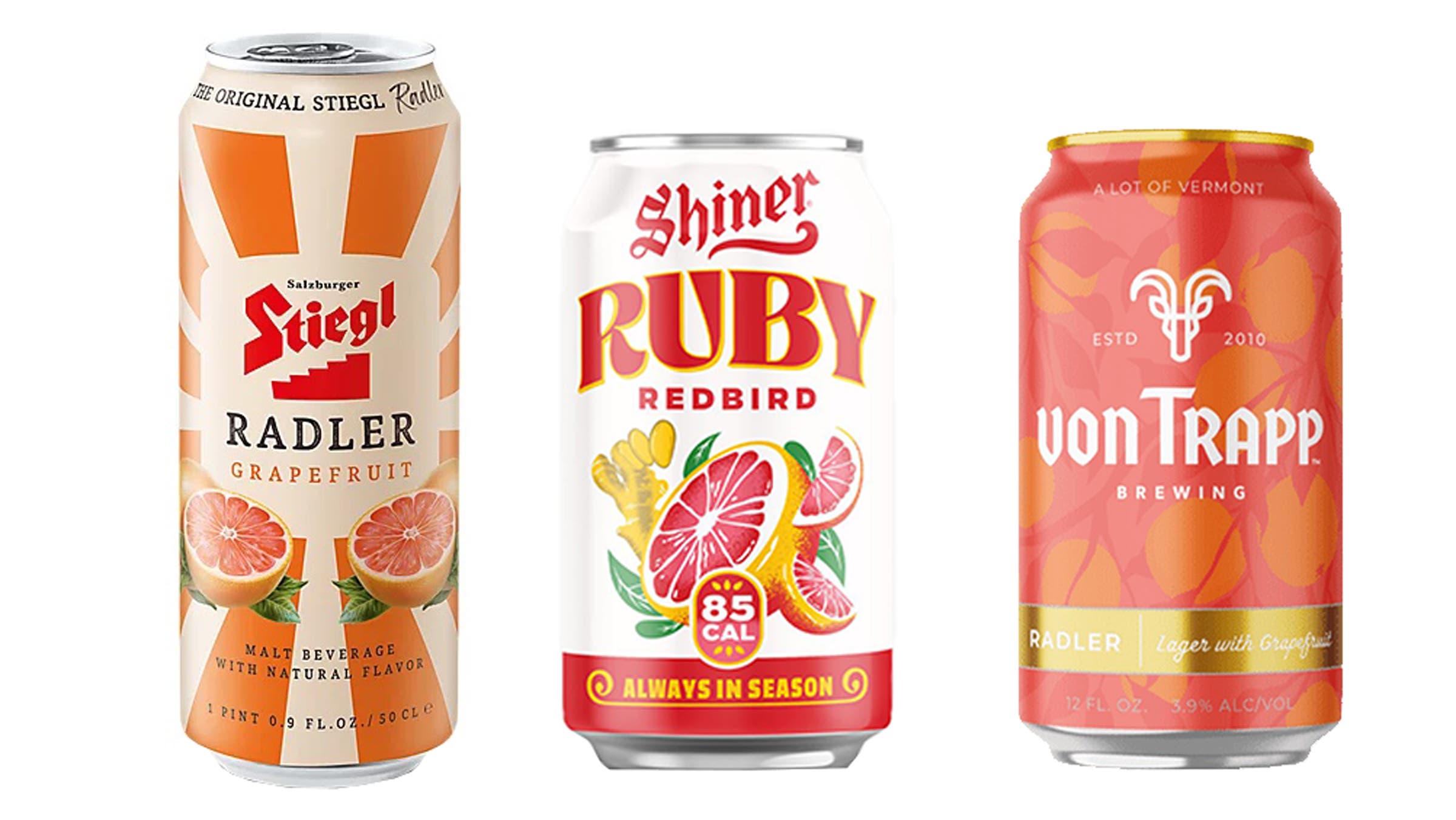Stiegl Radler Zitrone, Shiner Ruby Redbird, and Von Trapp Radler