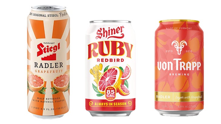 Stiegl Radler Zitrone, Shiner Ruby Redbird, and Von Trapp Radler