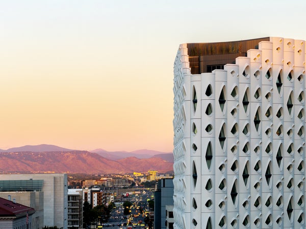 populus hotel exterior at sunrise