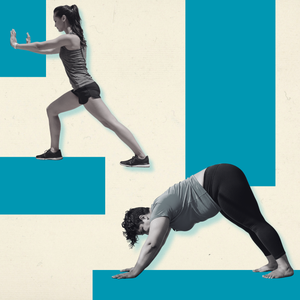 calf stretches on a cream-colored background with teal blocks