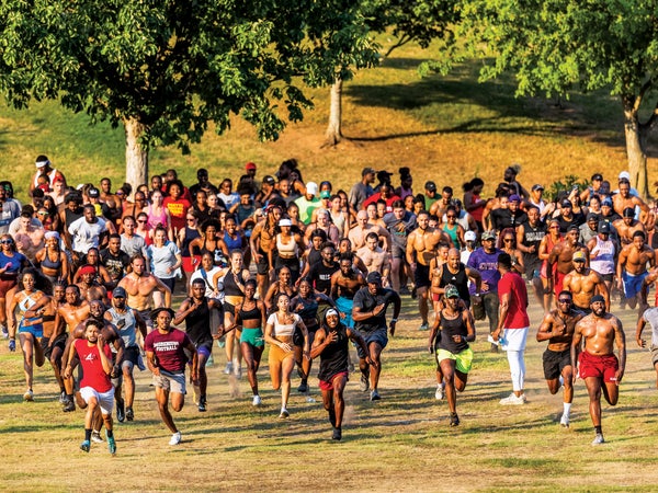 Runners with Hills 4 ATL, which organizes free group workouts, at Piedmont Park in Atlanta.