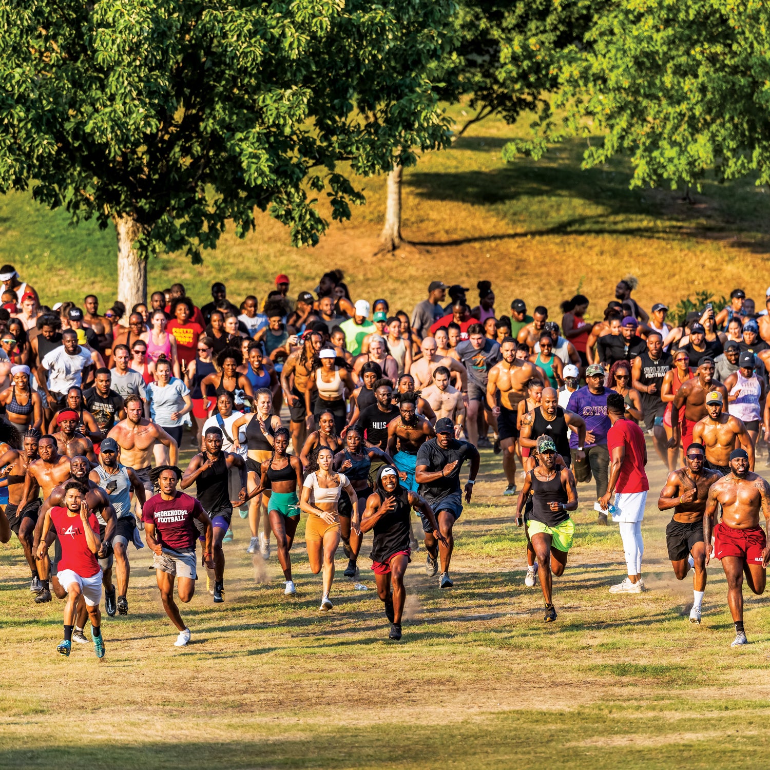 Runners with Hills 4 ATL, which organizes free group workouts, at Piedmont Park in Atlanta.