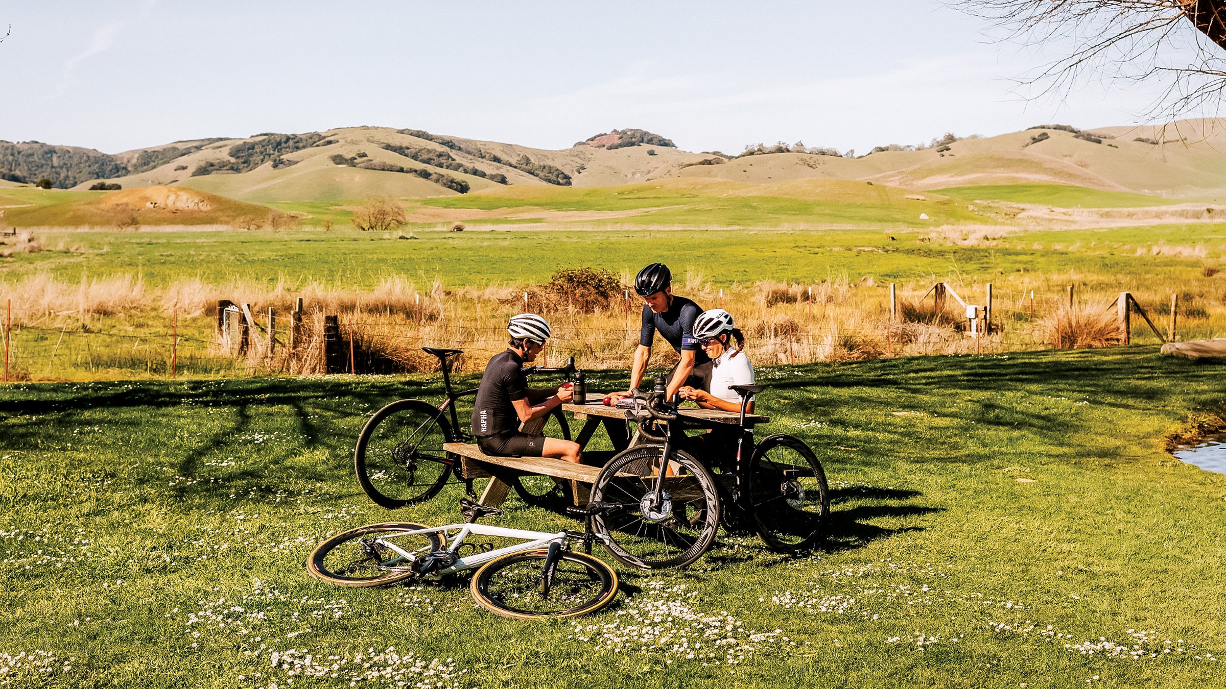 cyclists resting at a picnic table