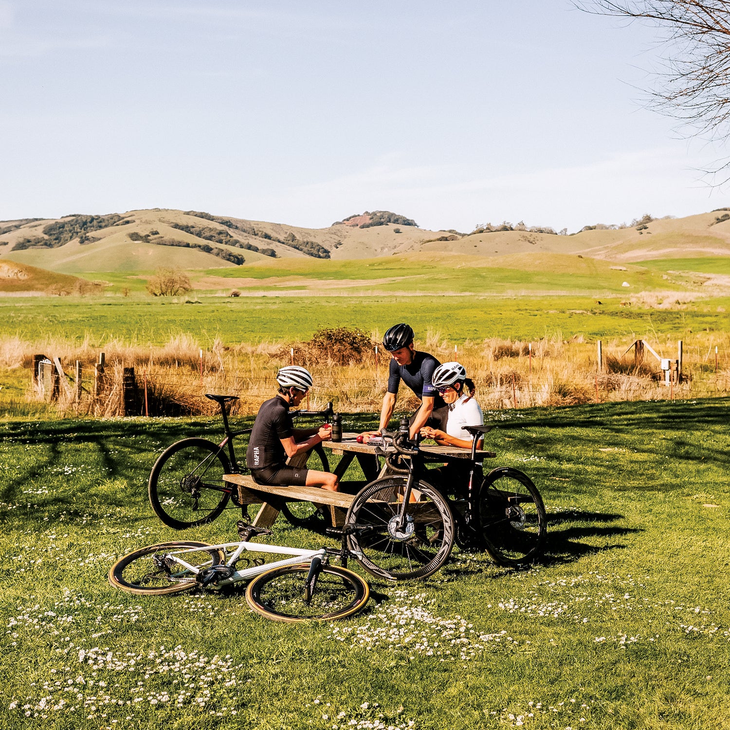 cyclists resting at a picnic table