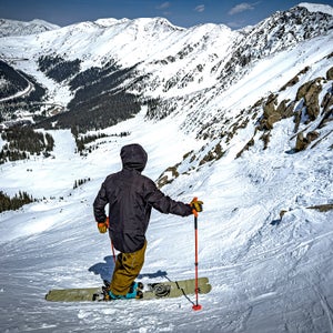 Flylow hood on skier