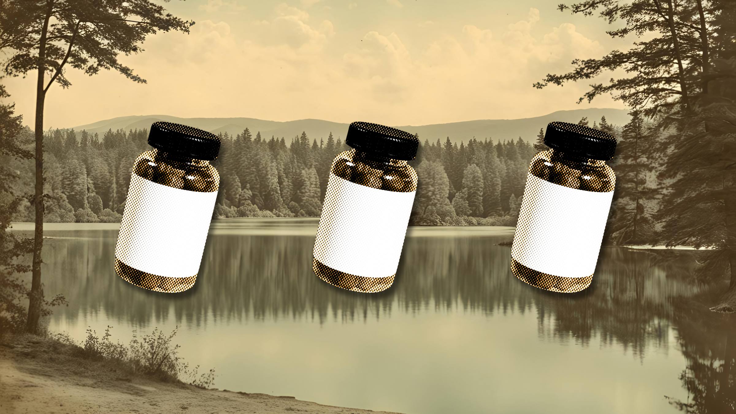 A pill prescription bottle on a lake and forest background to show that you can store medication while hiking or camping