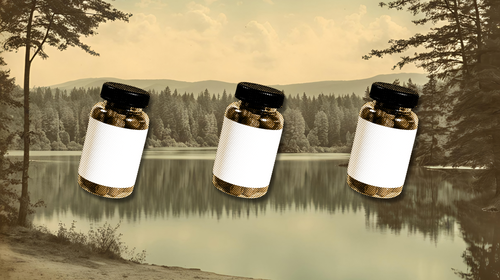 A pill prescription bottle on a lake and forest background to show that you can store medication while hiking or camping