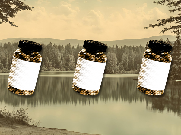 A pill prescription bottle on a lake and forest background to show that you can store medication while hiking or camping