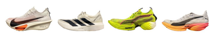 The four shoes in the study, from left to right: Nike Alphafly 3, Adidas Adios Pro Evo 1, Puma Fast-R2, Puma Fast-R3. 
