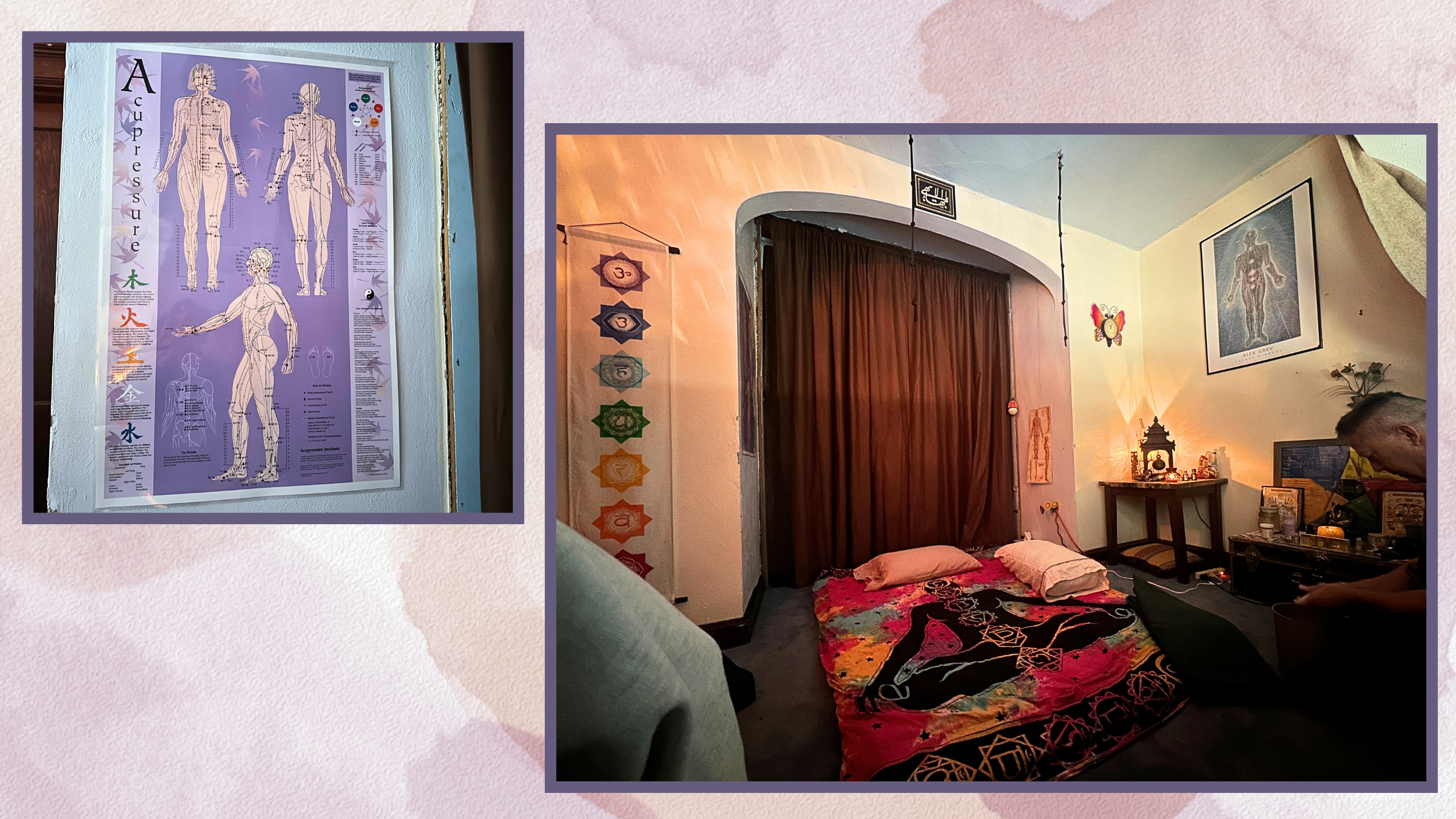 A White Lotus inspired thai massage, From L to R: An acupressure poster on the wall at the Lotus Yoga Temple; the Thai massage room setup, a blanket showing the seven chakras adorns the massage pad.