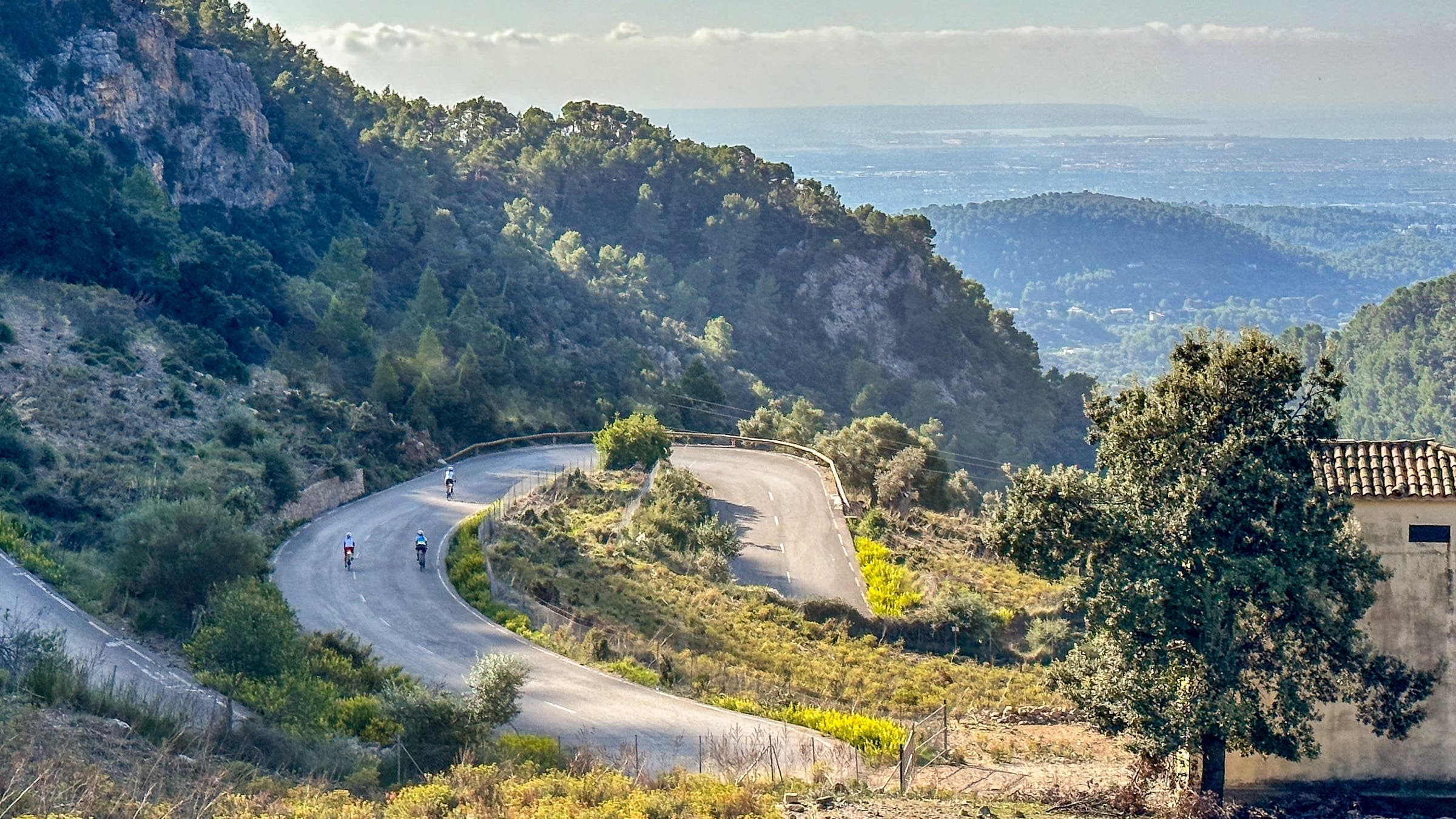 winding road with cyclists