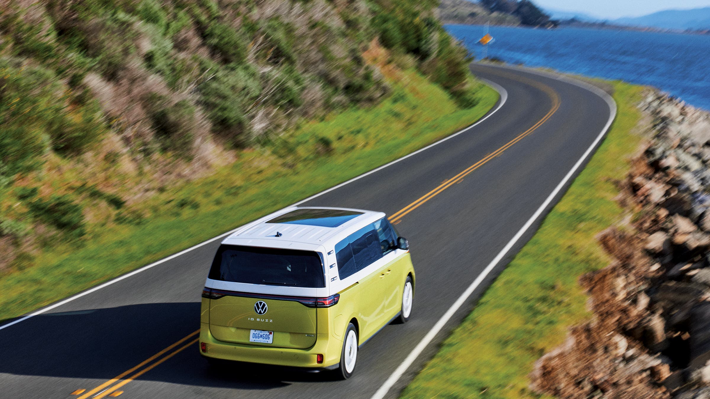 The ID. Buzz zooming along Tomales Bay, California
