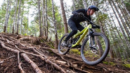 Pinkbike edior Mike Kazimer rides the Canyon Spectral trail bike over roots on downhill trail