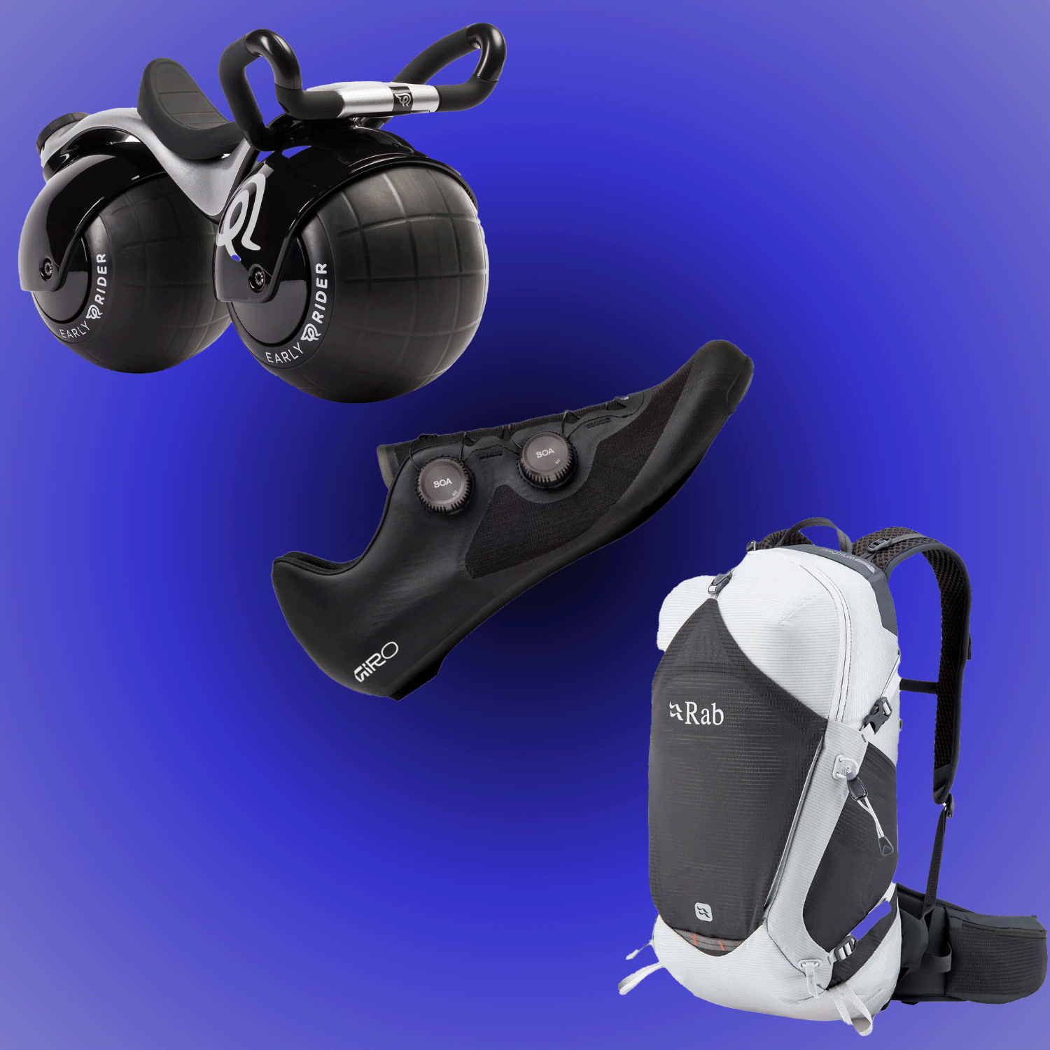 Kids bike, bike shoe, Rab backpack on blue background