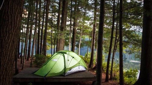 Lighted tent in the woods