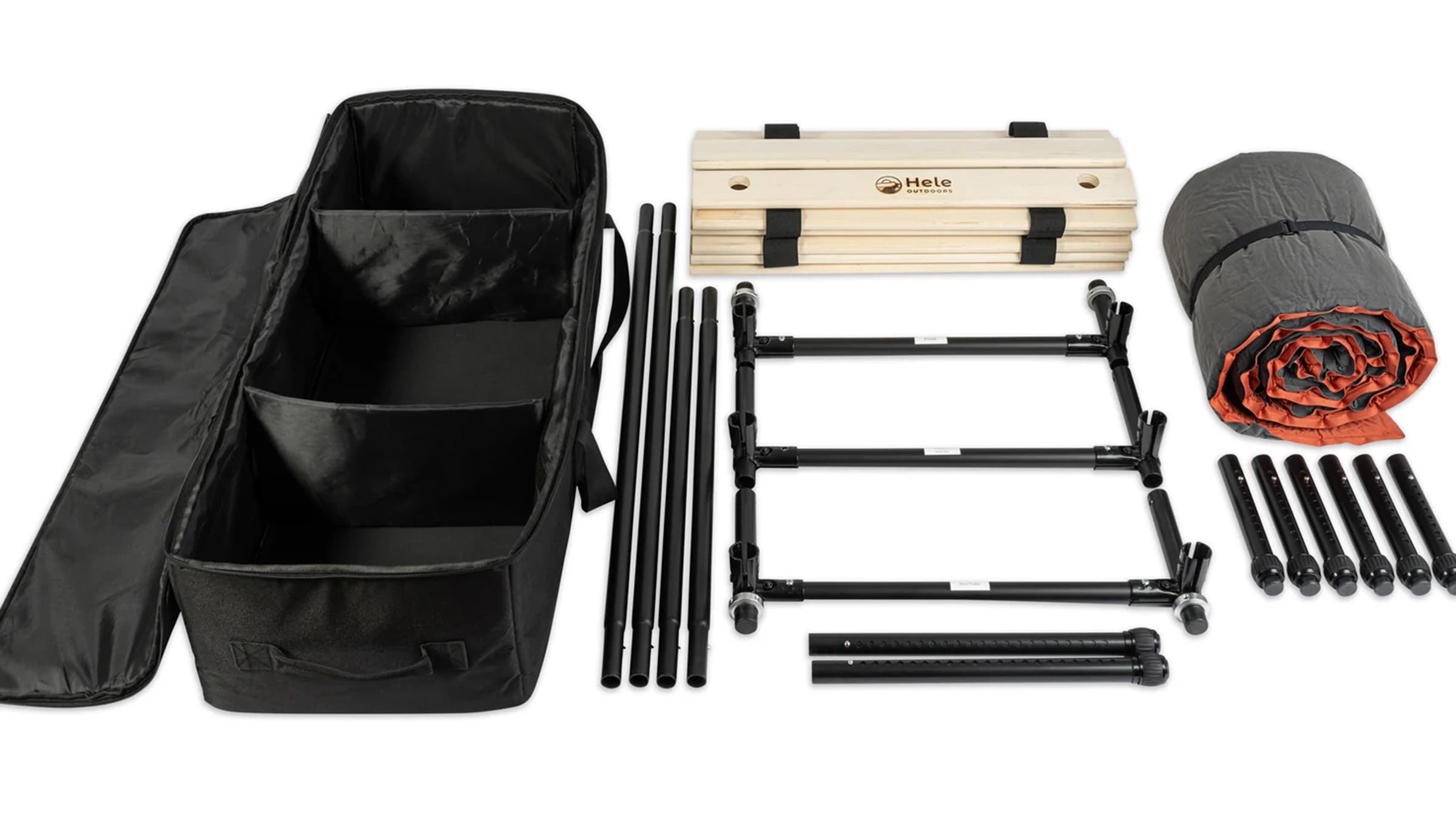 Closeup of Hele Box car camping platform kit: case, adjustable legs, wooden slats