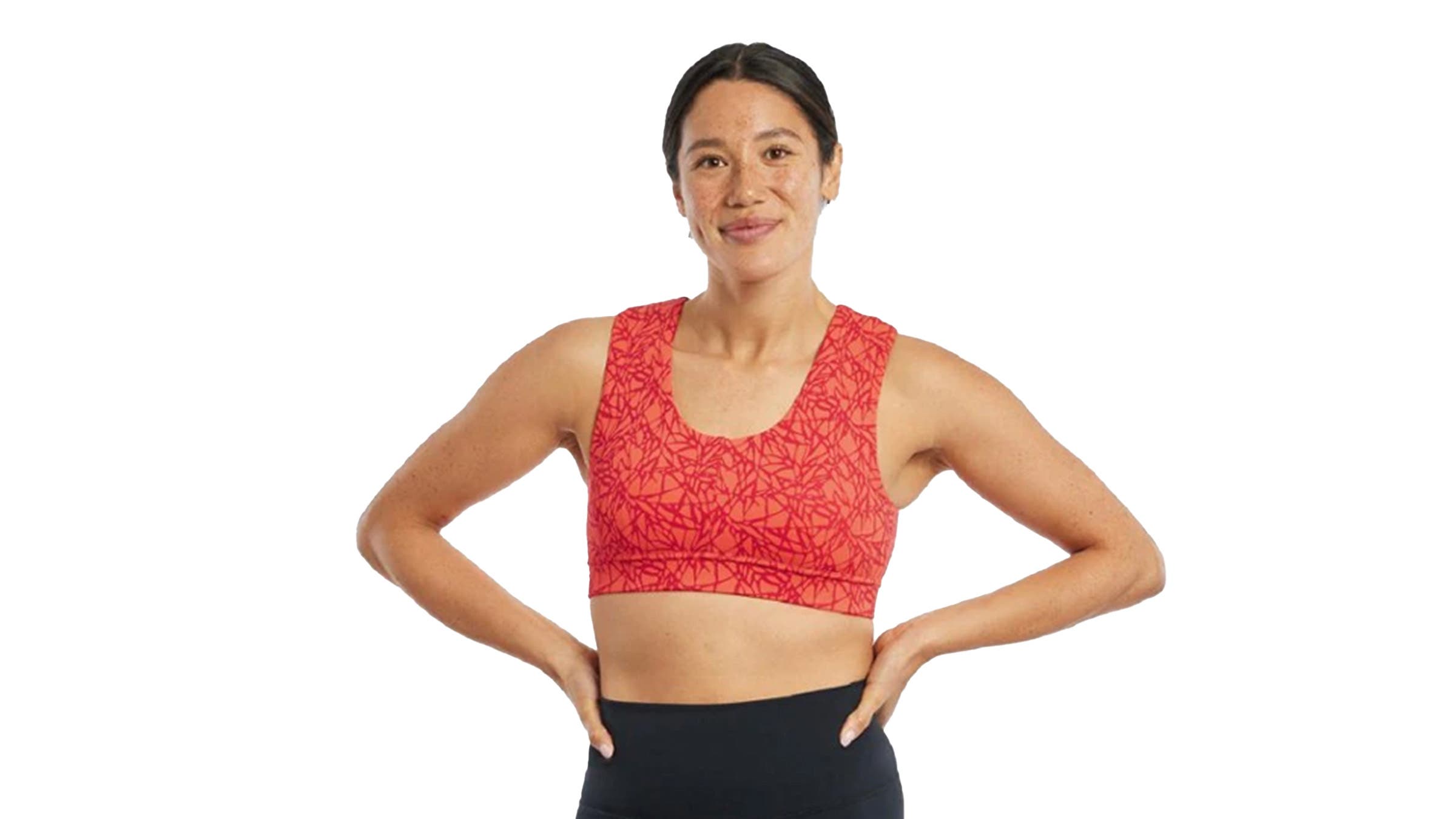 Oiselle Flyout sports bra on female model