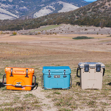 Colorful coolers lined up against mountain backdrop