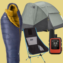 Sleeping bag, beach chair, tent, roof box on colorful background