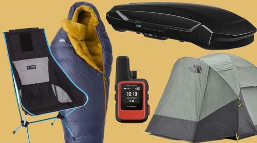 Sleeping bag, beach chair, tent, roof box on colorful background