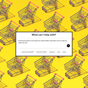 Shopping cart pattern on yellow background; a screenshot of ChatGPT's query field on top asking for help creating a meal plan