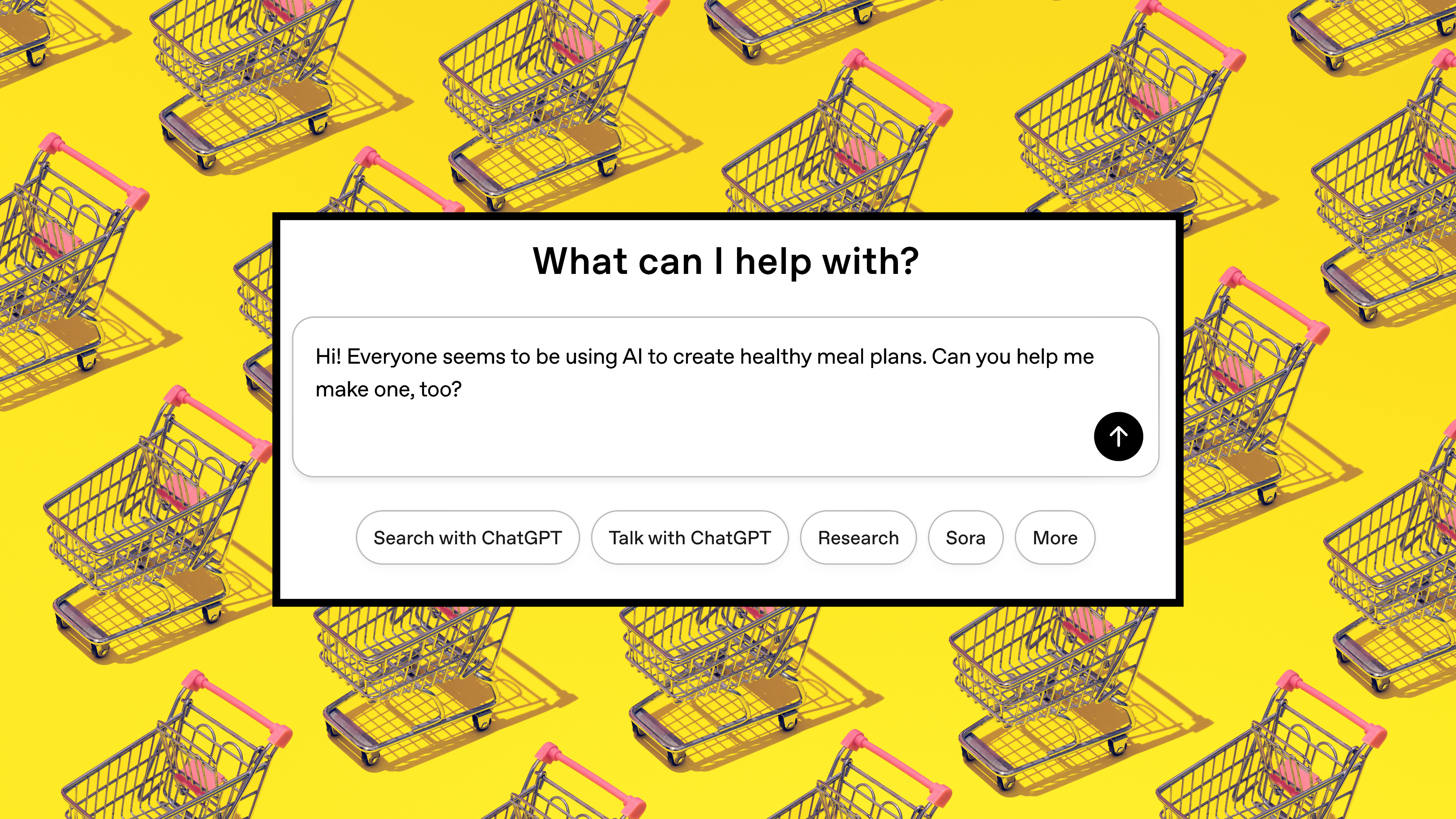 Shopping cart pattern on yellow background; a screenshot of ChatGPT's query field on top asking for help creating a meal plan