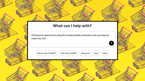 Shopping cart pattern on yellow background; a screenshot of ChatGPT's query field on top asking for help creating a meal plan