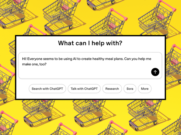 Shopping cart pattern on yellow background; a screenshot of ChatGPT's query field on top asking for help creating a meal plan