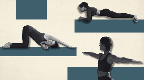dynamic upper body stretches on a beige background