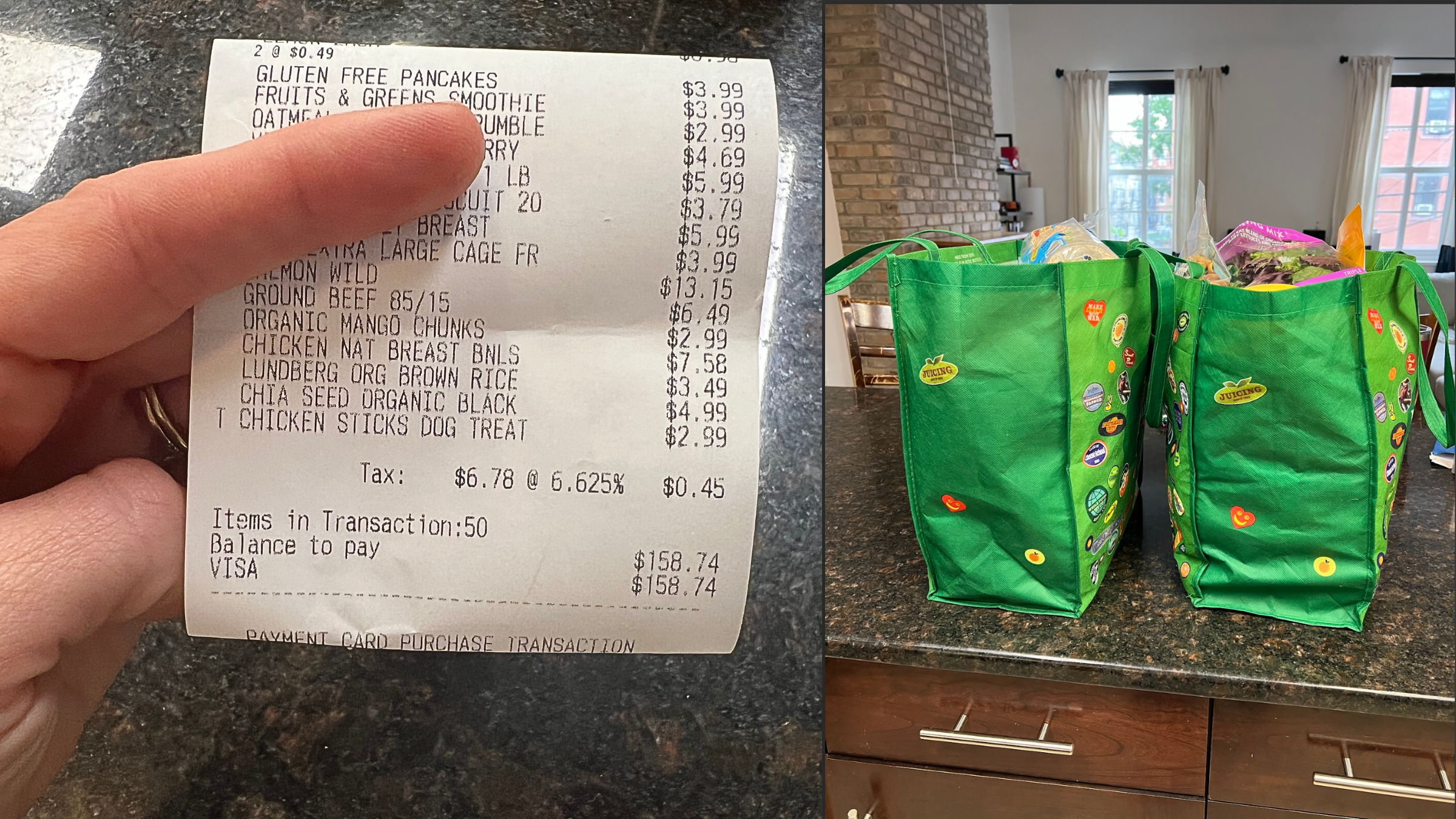 A grocery store receipt alongside bags of groceries