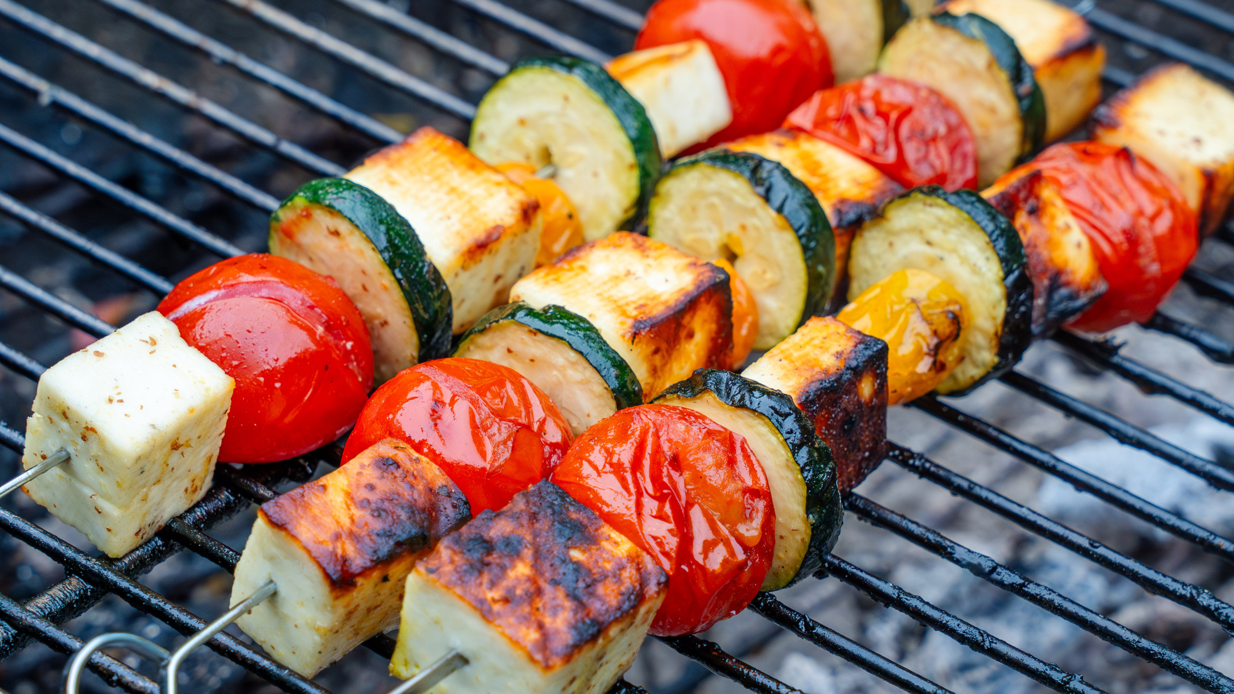 Citrus-Honey Glazed Halloumi, Tomato, and Zucchini Skewers