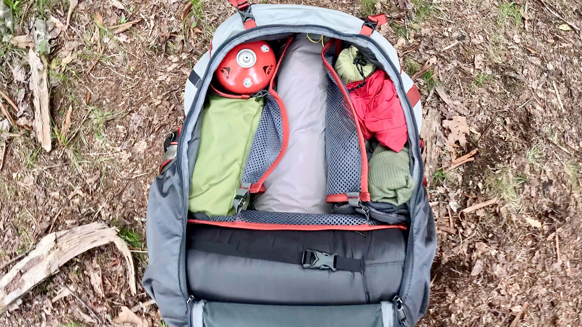 Contents inside open backpacking pack