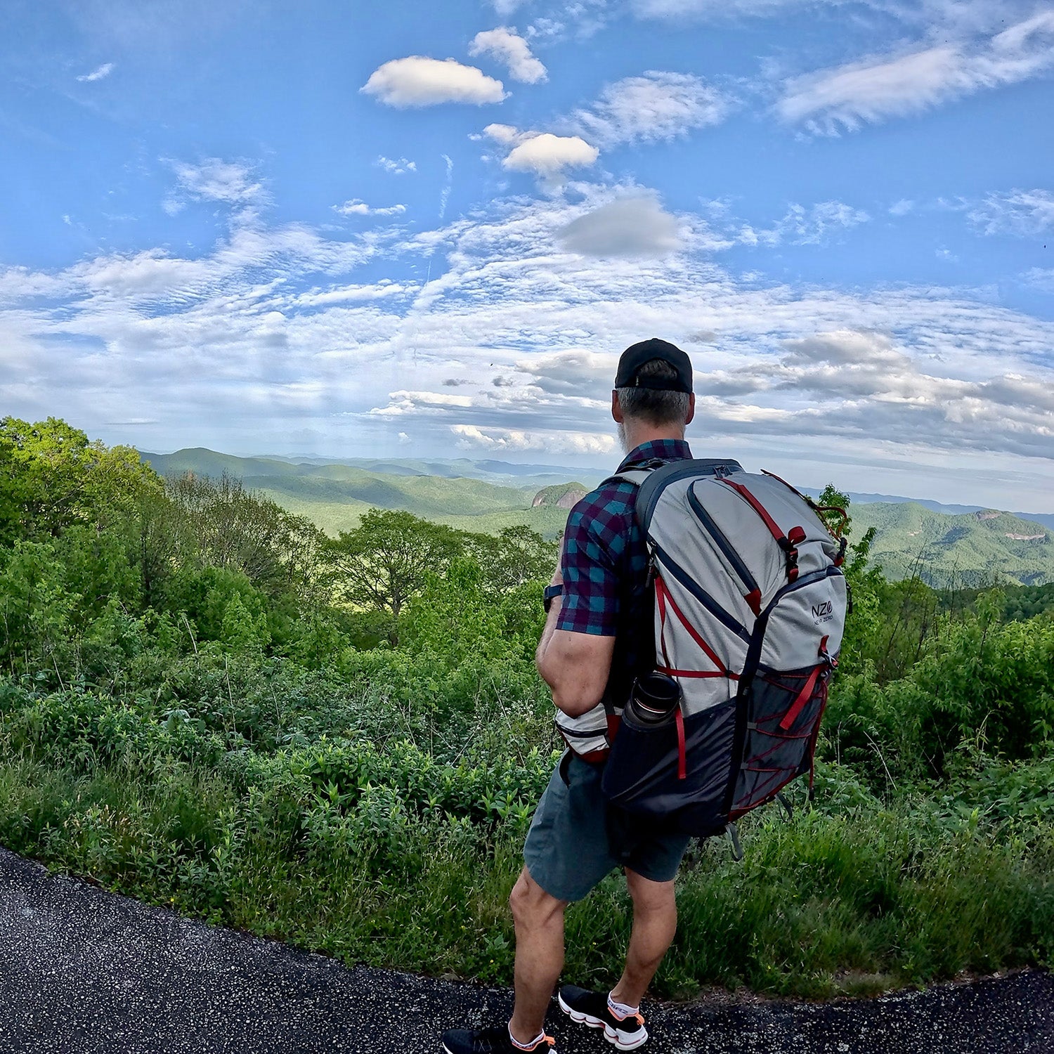Hiker with backpacking pack at lush overlook on hiking trail
