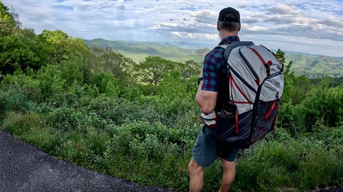 Hiker with backpack standing at lush overlook on trail
