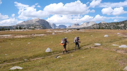 Father and son on a hike through a grassland with mountains in the background