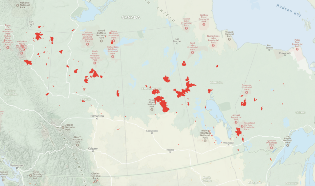 A snapshot of wildfires currently burning in Canada, as of publishing. Created using the Gaia GPS Active Wildfires layer. 