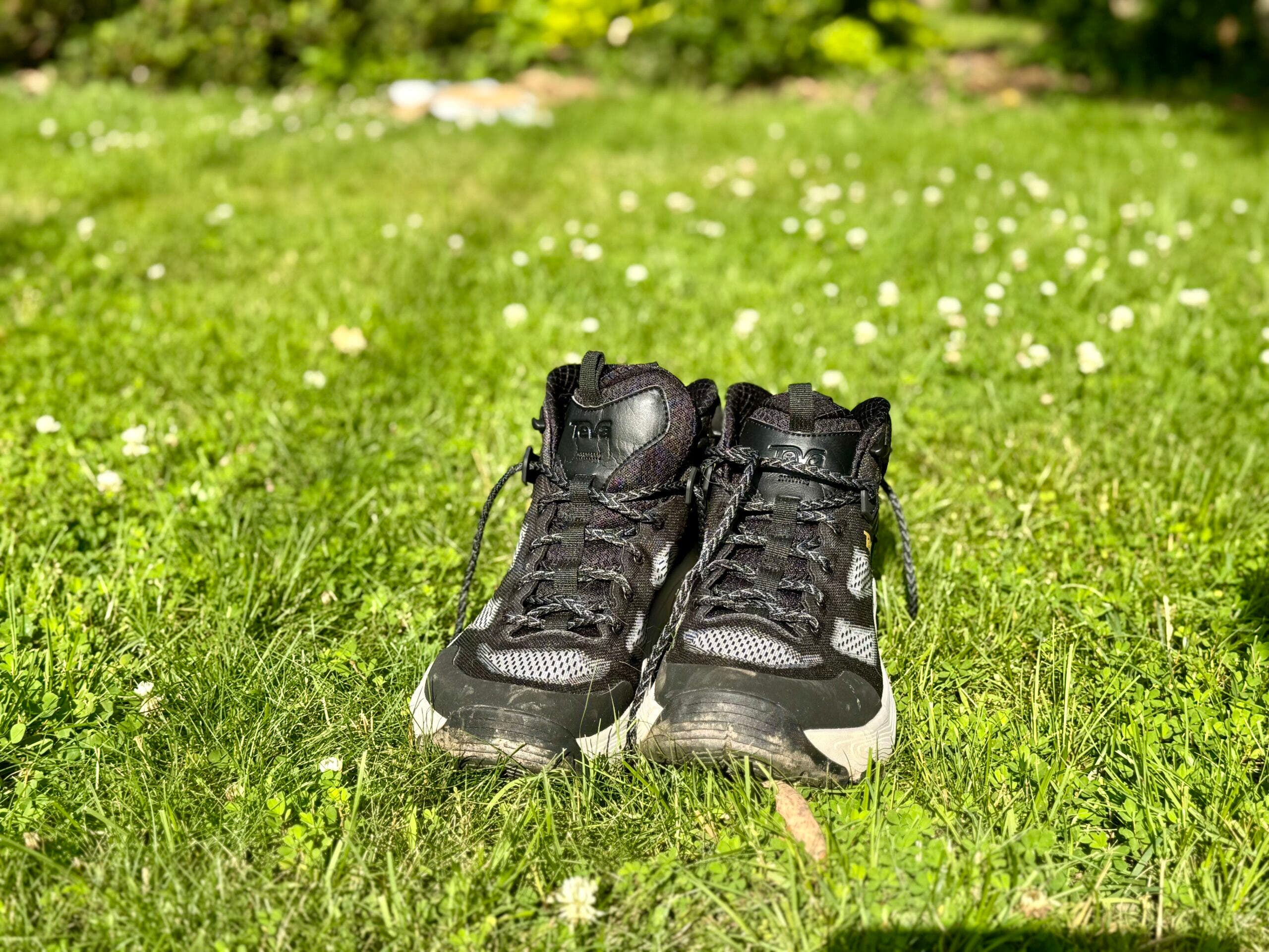 Black shoes in grass