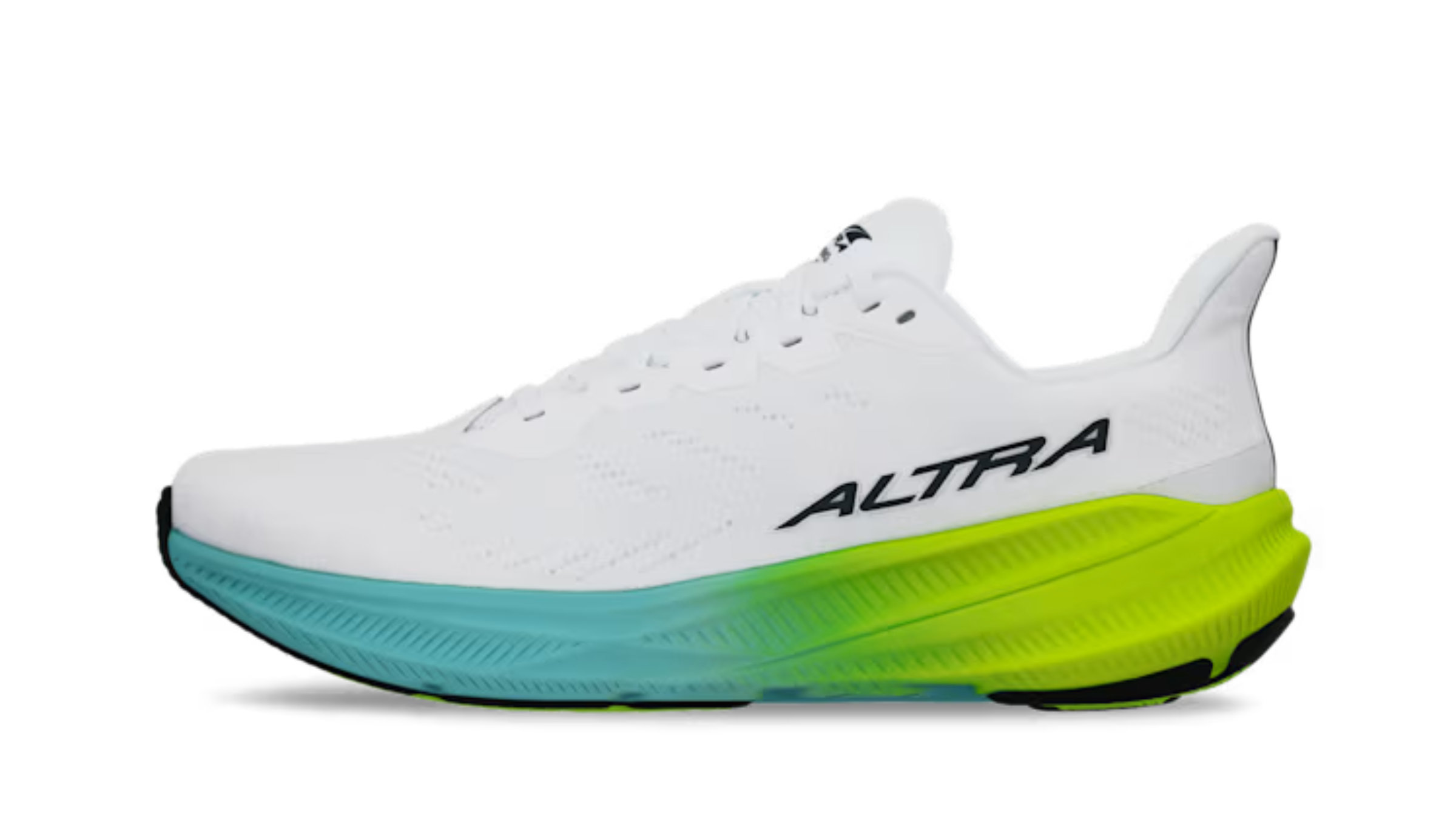 product image of side profile of white Altra running shoe with lime green and teal gradient on the sole