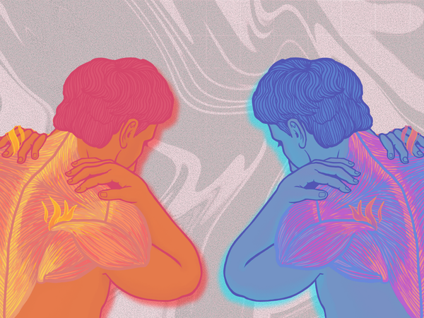 A posterior view of two men holding their necks in pain after cracking the neck