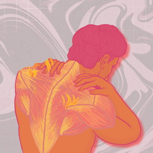 A posterior view of two men holding their necks in pain after cracking the neck